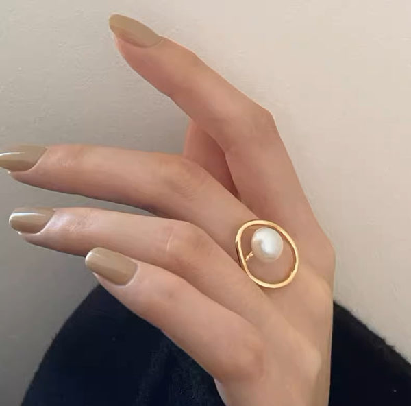 S925 Sterling Silver Geometric Pearl Ring – Champagne Gold Adjustable Statement Ring