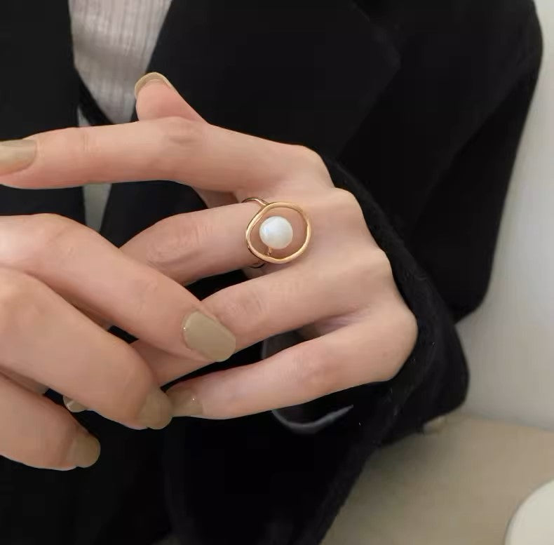 S925 Sterling Silver Geometric Pearl Ring | Adjustable
